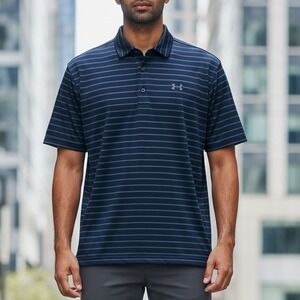 Under Armour Men's XL Playoff Polo Shirt Loose Navy Blue Stripe Golf Athletic